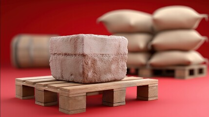 Frozen meat block on wooden pallet with burlap sacks in warehouse setting
