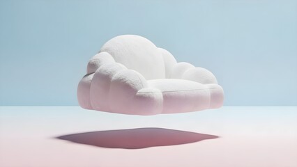 A whimsical floating cloud sofa in a dreamy setting
