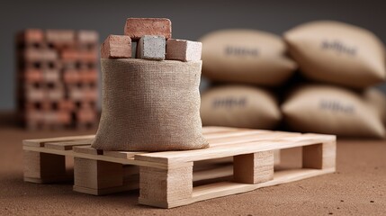 Burlap bag of bricks on wooden pallet in construction site with stacked cement bags