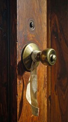 Obraz premium Close-up of a vintage brass doorknob on an old wooden door, showing wear and tear with a torn piece of paper hanging from it.