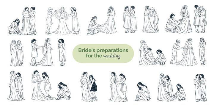 Bridesmaids helping bride dress for wedding day, vector illustration