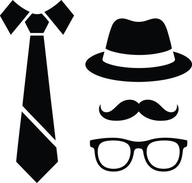 Mens fashion accessories silhouette set with tie fedora mustache and glasses