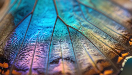 Naklejka premium Close-up of a vibrant iridescent butterfly wing showcasing intricate patterns and shimmering colors.