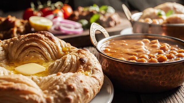 Culinary Delights: An enticing spread of Indian cuisine showcases a symphony of flavors and textures, featuring naan bread, chickpea curry, and assorted vegetables.
