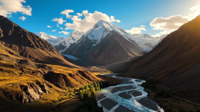 River flowing through a valley with snowcapped mountains in the background under a blue sky