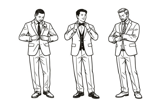 Groomsmen getting dressed for wedding ceremony, vector illustration