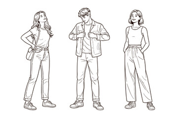 Three stylish young adults standing in relaxed poses, vector illustration