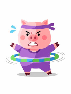 ブタは明るい背景でフラフープに苦労して汗をかく