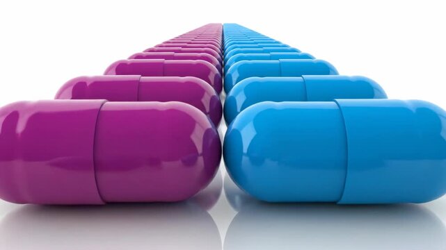 Medical Marvels: An array of blue and purple capsules are meticulously lined up, hinting at medical solutions and healthcare innovations.