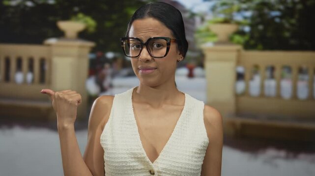 Woman outdoors pointing sideways with her thumb, standing in front of a stone balustrade, wearing glasses and a white top, capturing a candid and thoughtful moment.