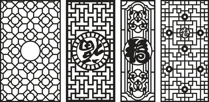 Intricate black and white jali patterns with geometric and floral