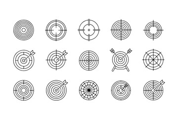Collection of minimalist target icons set with bullseye goal achievement and archery sport competition symbols.