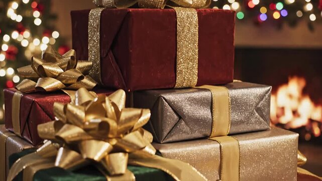 Holiday Gift of Celebration: A beautifully arranged collection of wrapped gifts, adorned with elegant ribbons and bows, create a captivating festive display, with warm ambiance in background.
