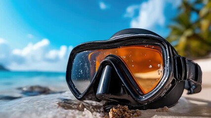 Scuba diving mask with orange lenses resting on a beautiful tropical beach with white sand and clear blue water, representing a vacation and an adventurous and active lifestyle
