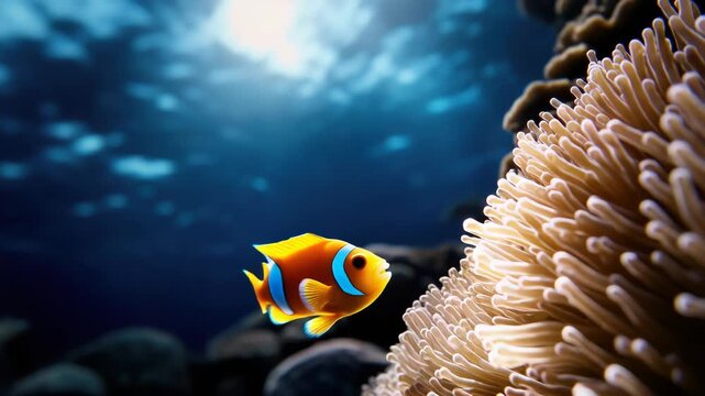 Lively clownfish darting through the tentacles of a sea anemone in a colorful coral reef. A captivating underwater tableau showcasing the mutualistic bond between these ocean dwellers