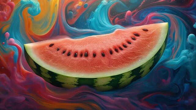 Vibrant watermelon slice immersed in swirling colorful liquids, forming rich textures and artistic patterns.