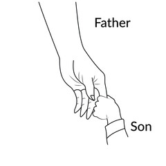 Out line drawing of father and son holding hands, continuous line drawing of father's day icon symbl. Son catches his father hand. Vector illustration.