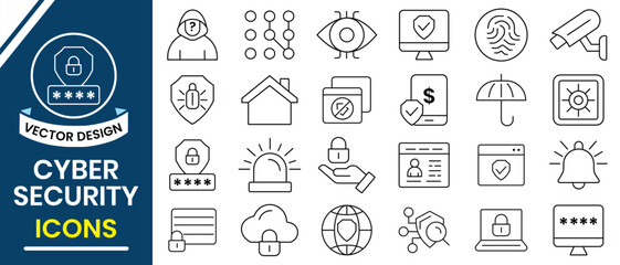 Cyber Security icon set. Outline icon of security, safety, insurance, sensor, protection, locked,  privacy, lock, encryption, fingerprint, spy, password, cybersecurity, and more. Vector illustration.