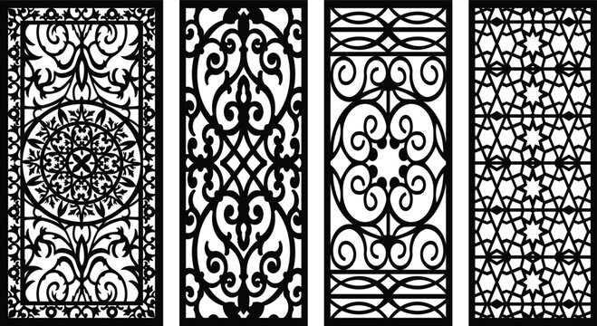 Four black and white intricate jali patterns with geometric and floral motifs