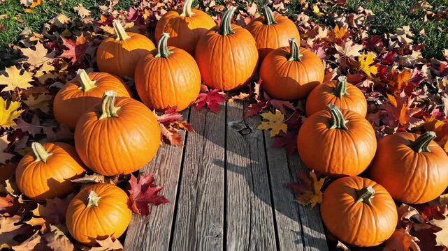 Autumn's Bounty: A vibrant tableau of pumpkins nestled amidst a bed of colorful fallen leaves on a rustic wooden surface, evoking the warmth and abundance of the season.