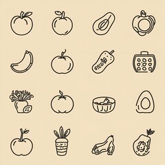 Healthy food icons and illustrations, clean line vector set, organic style, flat design