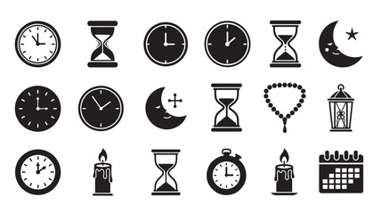 Timekeeping icons in minimalist black and white design for modern scheduling applications