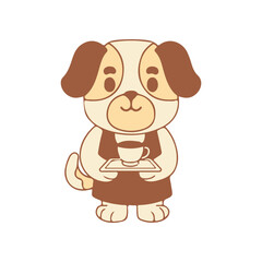 Fototapeta premium A cute cartoon dog in an apron serving coffee on a tray, set against a simple white background