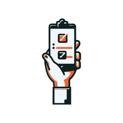 A hand holding a smartphone displaying a progress bar and checkboxes, symbolizing task completion