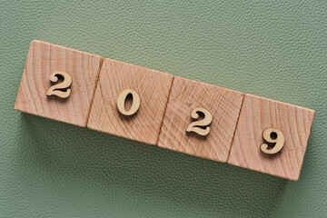 Wooden blocks with year 2029 on green background, New Year concept.