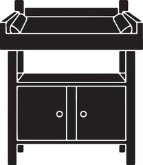 Black and white line drawing of a kitchen island with sink and storage