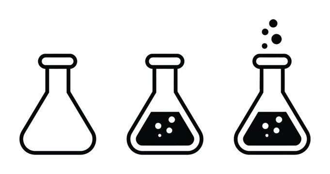 Collection of Erlenmeyer Flask Illustrations in Black and White Colors Laboratory Equipment for Chemistry Experiment Chemical Reaction Science Research Scientific Glassware and Scientific Analysis