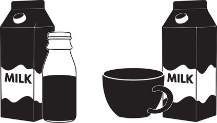 Black and white illustration of milk bottles and cup