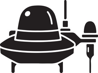 Black and white illustration of a futuristic ufo spacecraft