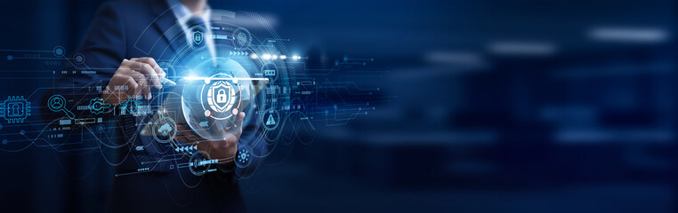 Obraz premium Network Security, Security analyst using digital tablet online connect Network Security defending networks, detecting intrusions, global networking, encryption and cyber threat prevention.