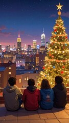 Obraz premium Friends admire New York City skyline with a festive Christmas tree at dusk.