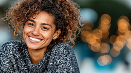 Smiling Young Woman in Sweater with Warm Bokeh Lights in Background