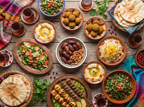 Traditional Middle Eastern Ramadan iftar food spread with variety of dishes overhead view festive meal
