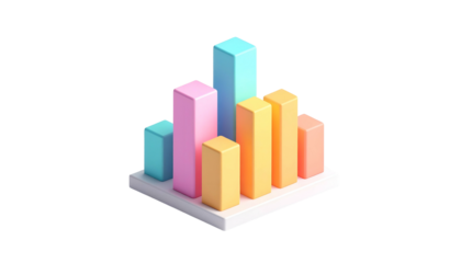 Isometric view of a multicolored bar chart on a white platform against a black backdrop