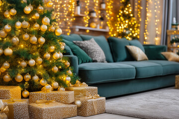 Elegant Christmas Living Room with Golden Decor, Tree and Gifts