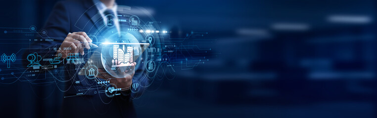 Smart Cities, Urban planner using digital tablet online connect Smart Cities monitoring infrastructure, IoT devices, global networking, traffic systems, and energy management. © TechLens