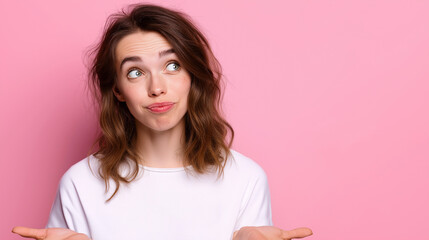 Curious Young Woman Looking Up on Pink Background with Copy Space