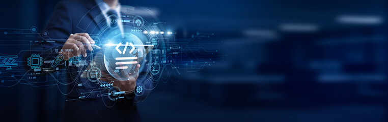 Software Development, Programmer using digital tablet online connect Software Development building scalable applications, coding solutions, global networking, testing and deployment workflows. © TechLens