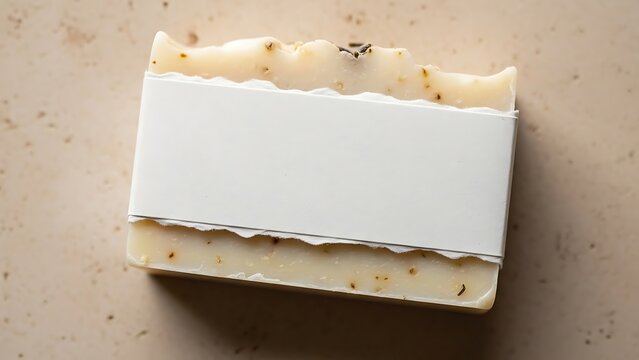 A close-up shot of a bar of handmade soap with a blank white label on a textured surface