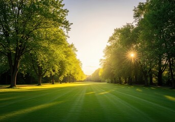 Sunlight streams through lush green trees lining a manicured lawn, creating a serene and inviting pathway in nature