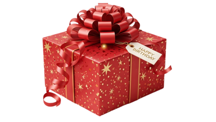 Red gift box with gold stars and ribbon isolated on transparent background