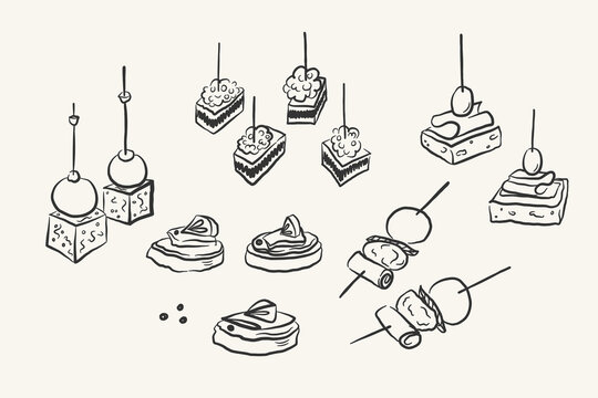 Canape sketch. Hand-drawn small sandwiches. French cuisine. Tapas, appetizer, aperitif. Vector illustration on isolated background. Doodle for food blog, label, card, menu, restaurant. Cooking recipe