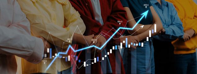 Image of a diverse group of individuals standing with crossed arms in front of a rising graph,...