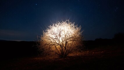 Burning bush glowing brightly at night under starry sky, symbolic of the Biblical story of Moses and a divine revelation.