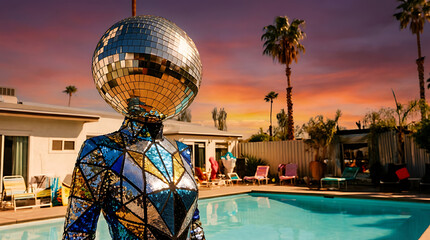 Disco ball head figure in sequin dress standing by pool at sunset surrealism vivid colors