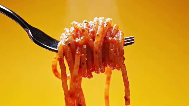 Hot steaming spaghetti with tomato sauce on fork against yellow background